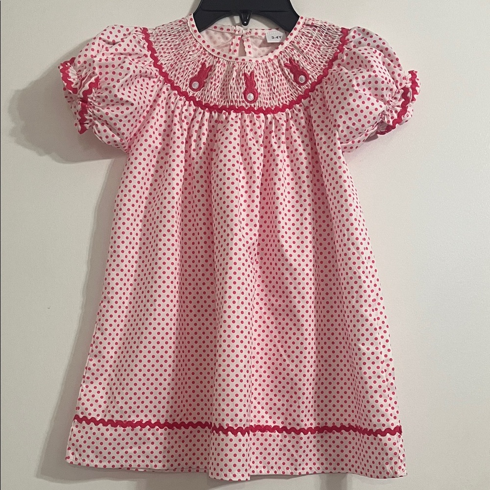 Girls Pink Polka Dot Dress trimmed in pink with bunnies size 3 - 4 Y